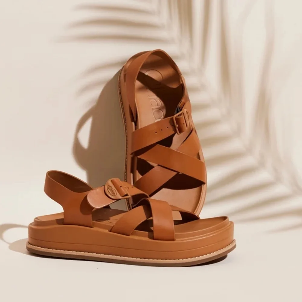 Chaco Tan Leather Strappy Platform Sandals - Picture 1 of 7